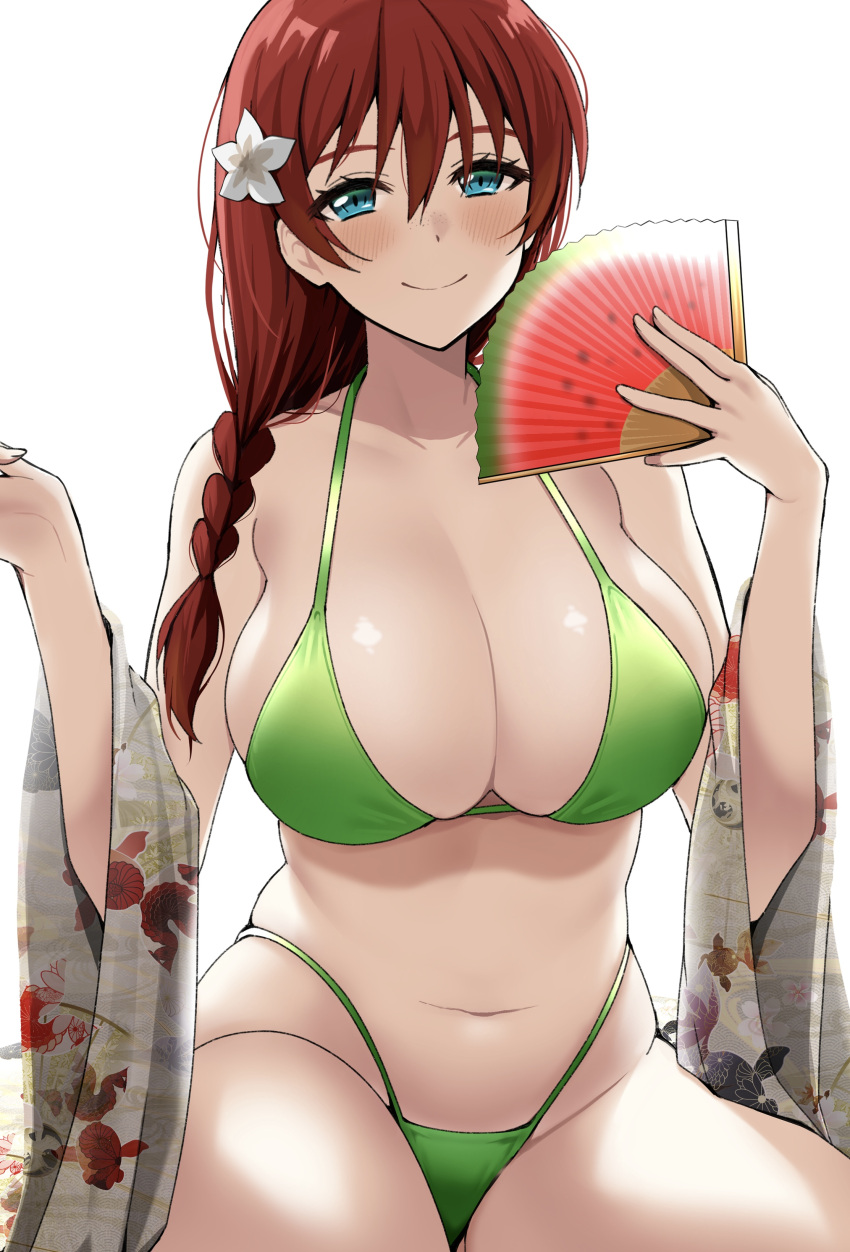 absurdres bikini blue_eyes blush braid breasts closed_mouth commentary dark_red_hair emma_verde female flower green_bikini hair_between_eyes hair_flower hair_ornament hand_fan highleg highleg_bikini highleg_swimsuit highres holding holding_fan kitaku_(nakamachi_machi) large_breasts long_hair looking_at_viewer love_live! love_live!_nijigasaki_high_school_idol_club navel red_hair simple_background single_braid smile solo swimsuit symbol-only_commentary white_background