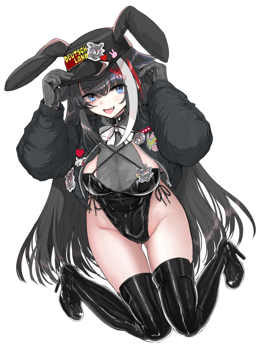 animal_ears azur_lane baseball_cap black_gloves black_jacket black_leotard blue_eyes boots breasts deutschland_(azur_lane) fake_animal_ears female gloves hat high_heel_boots high_heels highres jacket leotard long_hair looking_at_viewer multicolored_hair neck_ribbon oerba_yun_fang open_mouth playboy_bunny rabbit_ears ribbon simple_background smile solo streaked_hair takeakigaku white_background white_hair white_ribbon