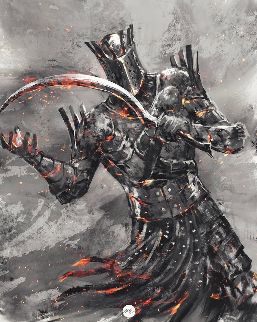 1boy armor breastplate covered_face dark_souls_(series) dark_souls_i full_armor gauntlets greaves helmet highres holding holding_sword holding_weapon knight_lautrec_of_carim male_focus shimhaq shotel solo sword waist_cape weapon