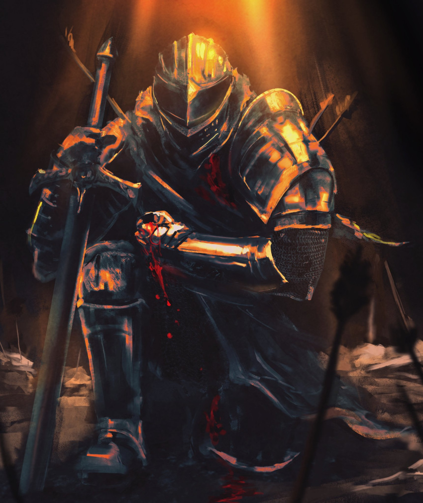 ambiguous_gender anri_of_astora armor armored_boots arrow_(projectile) arrow_in_body bleeding blood boots dark_souls_(series) dark_souls_iii facing_viewer female full_armor gauntlets helmet highres holding holding_sword holding_weapon on_one_knee pauldrons planted planted_sword shimhaq shoulder_armor solo sword weapon