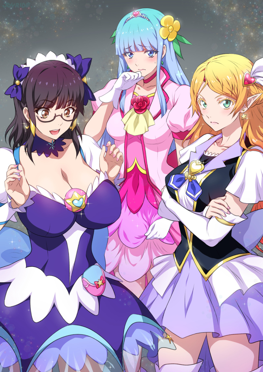 3girls :d black_hair blonde_hair blue_hair blunt_bangs bow breasts bridal_gauntlets brooch choker cleavage closed_mouth collarbone commentary_request cosplay cowboy_shot crossed_arms cure_fortune cure_fortune_(cosplay) cure_grace cure_grace_(cosplay) cure_selene cure_selene_(cosplay) detached_sleeves flower forehead frilled_skirt frills fujimiya_sumika_(isekai_ojisan) glasses gloves green_eyes hair_flower hair_ornament hand_up happinesscharge_precure! healin'_good_precure heart heart_brooch highres in-franchise_crossover isekai_ojisan jewelry joy_ride komatsu_mikako large_breasts looking_at_viewer mabel_raybert maid_headdress medium_breasts multiple_girls open_mouth pink_choker pink_skirt precure puffy_short_sleeves puffy_sleeves purple_bow rose short_sleeves skirt smile sparkle star_(sky) star_twinkle_precure sui_(isekai_ojisan) sweat teeth tiara tomatsu_haruka upper_teeth_only v-shaped_eyebrows voice_actor_connection white_arm_warmers white_gloves yuuki_aoi