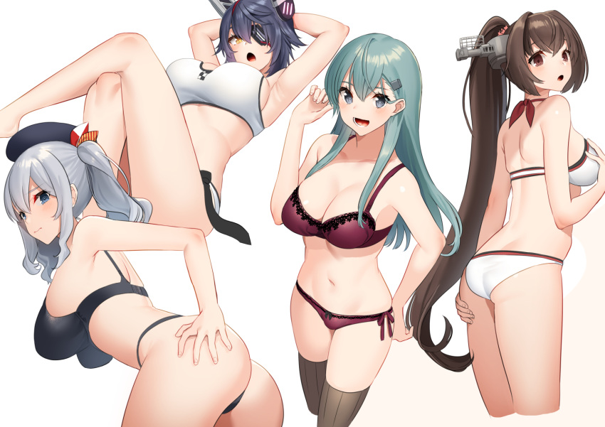 4girls akagi_kurage aqua_hair arms_behind_back ass beret bikini black_bra black_panties blush bra breasts brown_hair brown_legwear cleavage closed_mouth cropped_legs crossed_legs eyepatch grey_hair hair_ornament hairclip hand_on_own_chest hat headgear highres kantai_collection kashima_(kancolle) large_breasts long_hair multiple_girls official_alternate_costume open_mouth panties ponytail purple_bra purple_hair purple_panties short_hair sidelocks suzuya_(kancolle) swimsuit tenryuu_(kancolle) tenryuu_(swimsuit_mode)_(kancolle) thighhighs twintails underwear yamato_(kancolle)