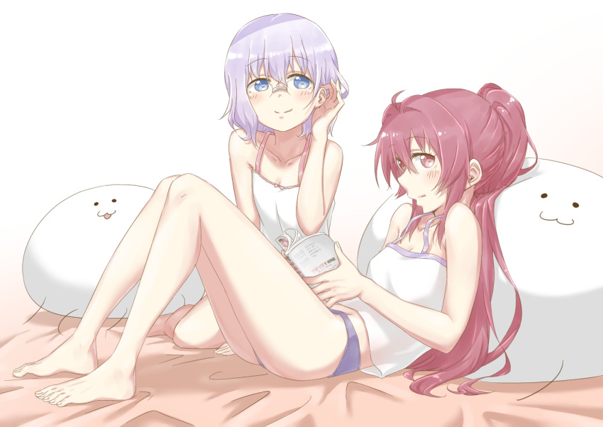 2girls bare_shoulders barefoot blue_eyes blush breasts camisole cleavage closed_mouth collarbone commentary_request dokka_no_kuni_no_kokuou glasses ikeda_chitose long_hair looking_at_viewer multiple_girls panties purple_eyes purple_hair purple_panties shiny_skin short_hair simple_background sitting small_breasts smile stuffed_toy sugiura_ayano underwear underwear_only white_background white_hair yuru_yuri