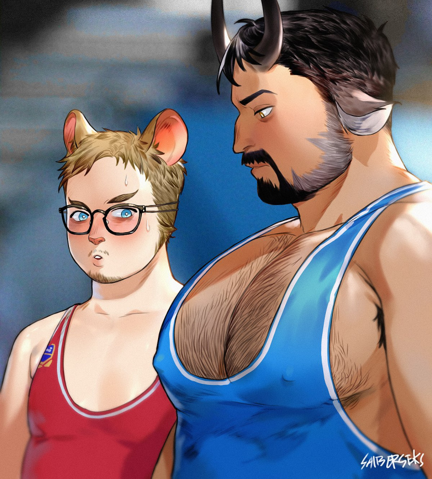 2boys animal_ears armpit_hair bara beard black-framed_eyewear black_hair blue_eyes blush breast_envy bursting_pectorals chest_hair covered_nipples cow_boy cow_ears cow_horns dark-skinned_male dark_skin facial_hair from_side glasses goatee hairy highres horns judo-kun_(saiberseks) large_pectorals looking_at_another looking_down male_cleavage male_focus mature_male meme mouse_boy mouse_ears moustache multiple_boys muscle_envy muscular muscular_male original pectoral_envy_(meme) pectoral_focus pectorals short_hair sideburns sidepec singlet skin_tight upper_body wrestling_outfit yaoi