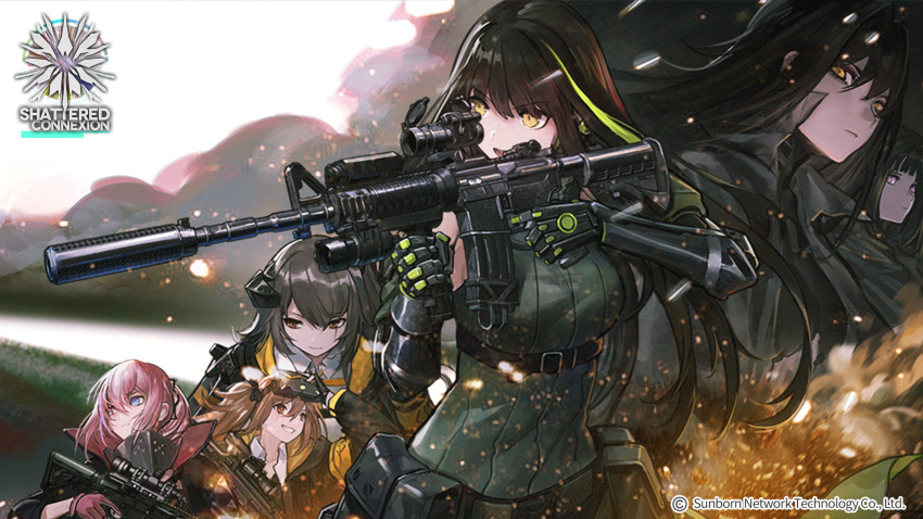 6+girls algae_(5455454541) ar-15 armband assault_rifle breasts brown_eyes brown_hair closed_mouth dress girls'_frontline gloves goggles goggles_on_head green_eyes green_hair grey_hair gun hair_between_eyes hair_ornament hairclip headphones highres holding holding_gun holding_weapon isomer_(girls'_frontline) isomer_hivemind_(girls'_frontline) jacket long_hair looking_at_viewer m4_carbine m4a1_(girls'_frontline) m4a1_(mod3)_(girls'_frontline) multicolored_hair multiple_girls nyto_(girls'_frontline) official_art one_side_up open_mouth paradeus pink_hair ponytail ribbon rifle scar scar_across_eye scar_on_face sidelocks st_ar-15_(girls'_frontline) st_ar-15_(mod3)_(girls'_frontline) streaked_hair twintails ump45_(girls'_frontline) ump45_(mod3)_(girls'_frontline) ump9_(girls'_frontline) ump9_(mod3)_(girls'_frontline) watermark weapon yellow_armband yellow_eyes