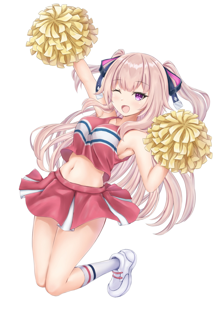 alien arm_up armpits breasts cheerleader commission crop_top crop_top_overhang female full_body hair_ribbon highres holding holding_pom_poms hoshifuri_iku large_breasts long_hair matsu520 midriff miniskirt navel one_eye_closed open_mouth pink_hair pleated_skirt pom_pom_(cheerleading) prism_project purple_eyes ribbon shirt shoes skeb_commission skirt sleeveless sleeveless_shirt sneakers socks solo two_side_up virtual_youtuber