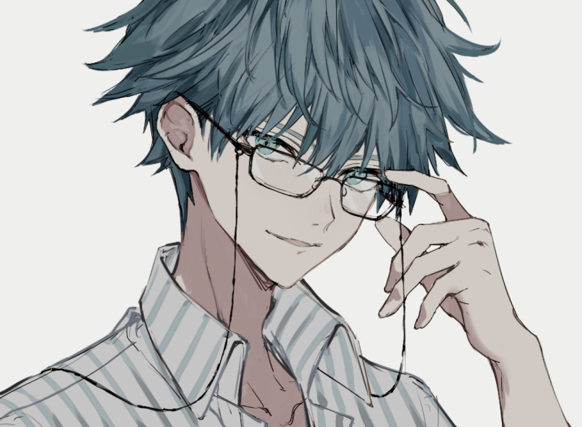 1boy aged_up bad_id bad_pixiv_id black-framed_eyewear blue_eyes blue_hair collared_shirt eyewear_strap fate/grand_order fate_(series) glasses grey_background hans_christian_andersen_(adult)_(fate) hans_christian_andersen_(fate) long_sleeves looking_at_viewer male_focus nozz177 shirt short_hair simple_background smile solo striped_clothes striped_shirt vertical-striped_clothes vertical-striped_shirt