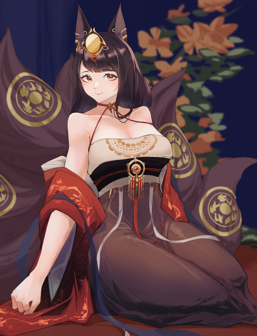 absurdres akagi_(azur_lane) akagi_(dawn_phoenix's_summons)_(azur_lane) azur_lane bare_shoulders breasts brown_dress brown_tail cleavage dress female highres japanese_clothes kimono kitsune kyuubi large_breasts multiple_tails nocturnal_melonpan official_alternate_costume open_clothes open_kimono red_kimono sitting sleeveless sleeveless_dress solo tail tail_ornament wide_sleeves