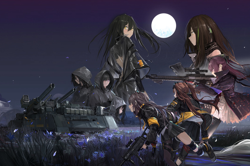 6+girls absurdres aiming ar-15 argonauts_(girls'_frontline) armband armor armored_vehicle assault_rifle black_hair brown_hair cloak closed_mouth field fingerless_gloves flower full_moon gas_mask girls'_frontline gloves goggles goggles_on_head green_hair grey_hair gun h&k_ump hair_between_eyes hair_ornament headgear heckler_&_koch highres holding holding_gun holding_weapon hood hooded_cloak isomer_(girls'_frontline) isomer_hivemind_(girls'_frontline) jacket kcco_(girls'_frontline) long_hair m4_carbine m4a1_(girls'_frontline) m4a1_(mod3)_(girls'_frontline) mask military military_vehicle moon motor_vehicle multicolored_hair multiple_girls night night_sky nyto_(girls'_frontline) official_art one_side_up open_mouth outdoors paindude pantyhose paradeus pink_hair rifle running skirt skull_mask sky smile smoke st_ar-15_(girls'_frontline) st_ar-15_(mod3)_(girls'_frontline) streaked_hair submachine_gun tank train ump45_(girls'_frontline) ump45_(mod3)_(girls'_frontline) ump9_(girls'_frontline) ump9_(mod3)_(girls'_frontline) weapon yellow_armband