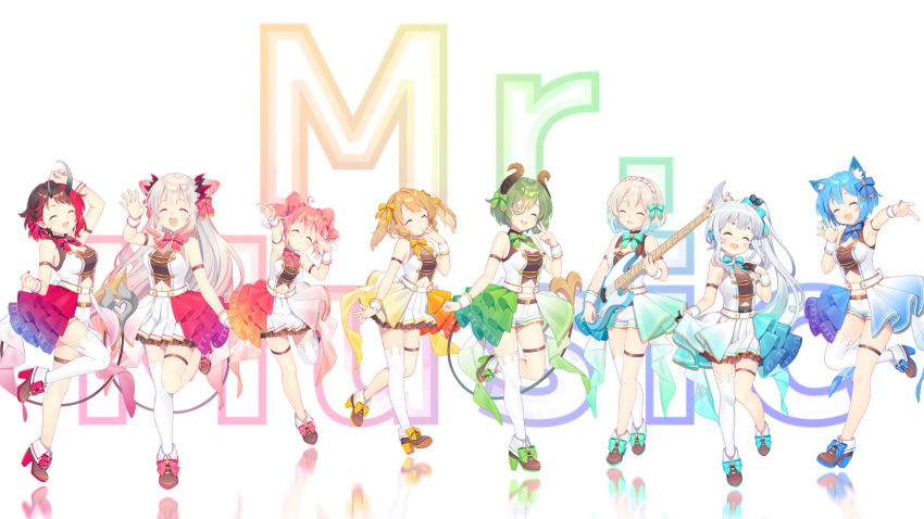 6+girls and_uge animal_ears animare bare_shoulders black_hair blue_hair bow bowtie braid brown_hair closed_eyes cone_hair_bun electric_guitar english_text green_hair grey_hair guitar hair_bun high_heels highres holding holding_instrument honey_strap horns inaba_haneru_(animare) instrument kanade_kanon kisaki_anko kusumoto_shizuru long_hair medium_hair midriff miniskirt mr._music_(vocaloid) multicolored_hair multiple_girls nanashi_inc. navel pink_hair pleated_skirt red_hair reflection ryugasaki_rene sekishiro_mico shirt shoes short_hair short_shorts shorts single_thighhigh skirt sleeveless smile song_name souya_ichika sugar_lyric suou_patra tail thigh_strap thighhighs two-tone_hair v_ap_art vest virtual_youtuber white_background white_hair white_legwear white_shirt wide_shot wrist_cuffs