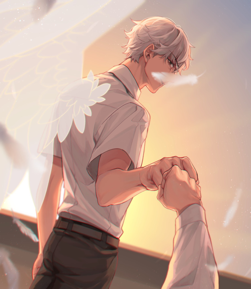 1boy 1other angel angel_wings belt brown_belt brown_pants character_request club_suicide collared_shirt commentary_request cowboy_shot dutch_angle falling_feathers feathered_wings feathers fist_bump from_behind grey_eyes highres kugajima_mitsuki long_sleeves looking_at_viewer male_focus nanin pants pov profile shindou_ringo shirt shirt_tucked_in short_hair short_sleeves smile solo_focus standing transparent white_hair white_shirt wings