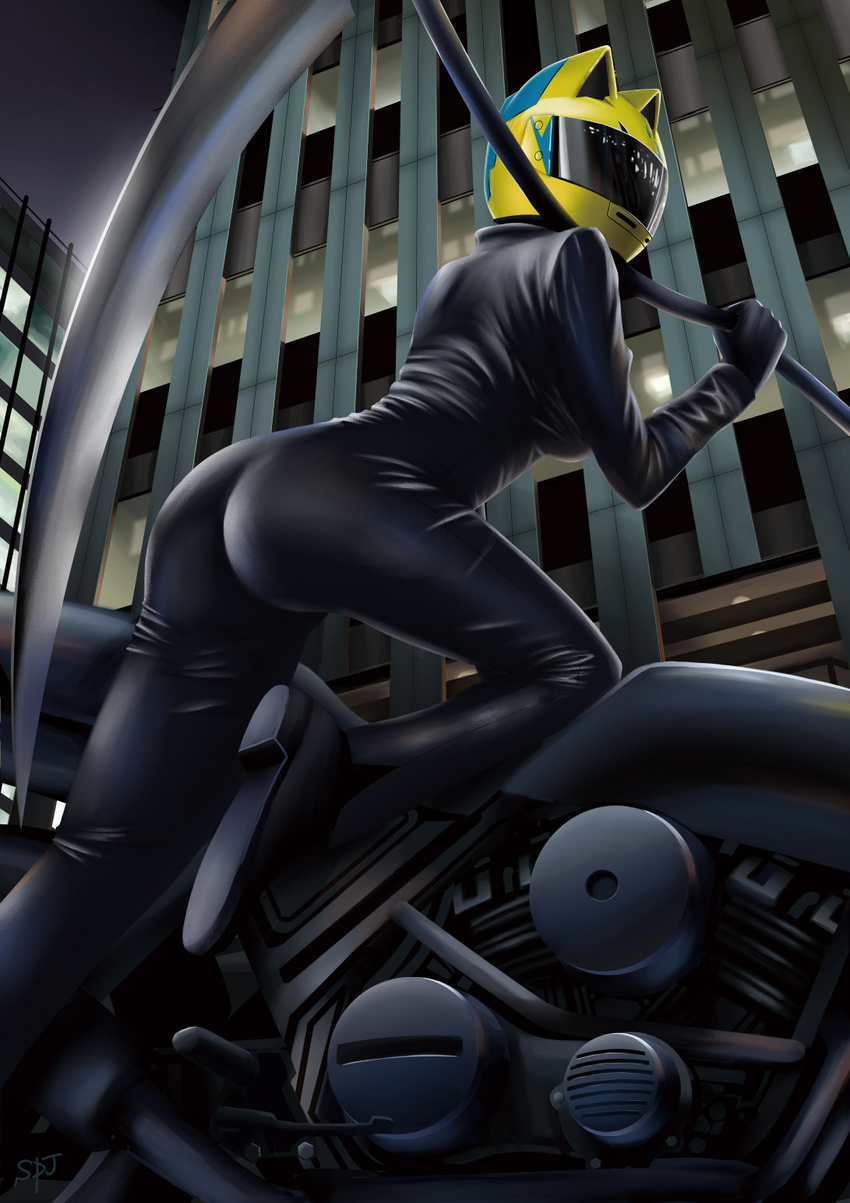 animal_ears artist_name ass biker_clothes bikesuit black_bodysuit black_gloves bodysuit breasts building cat_ears celty_sturluson durarara!! female from_side gloves helmet highres holding holding_scythe knee_up leaning_on_object medium_breasts motor_vehicle motorcycle motorcycle_helmet night over_shoulder scythe solo spj tight_clothes weapon weapon_over_shoulder yellow_headwear