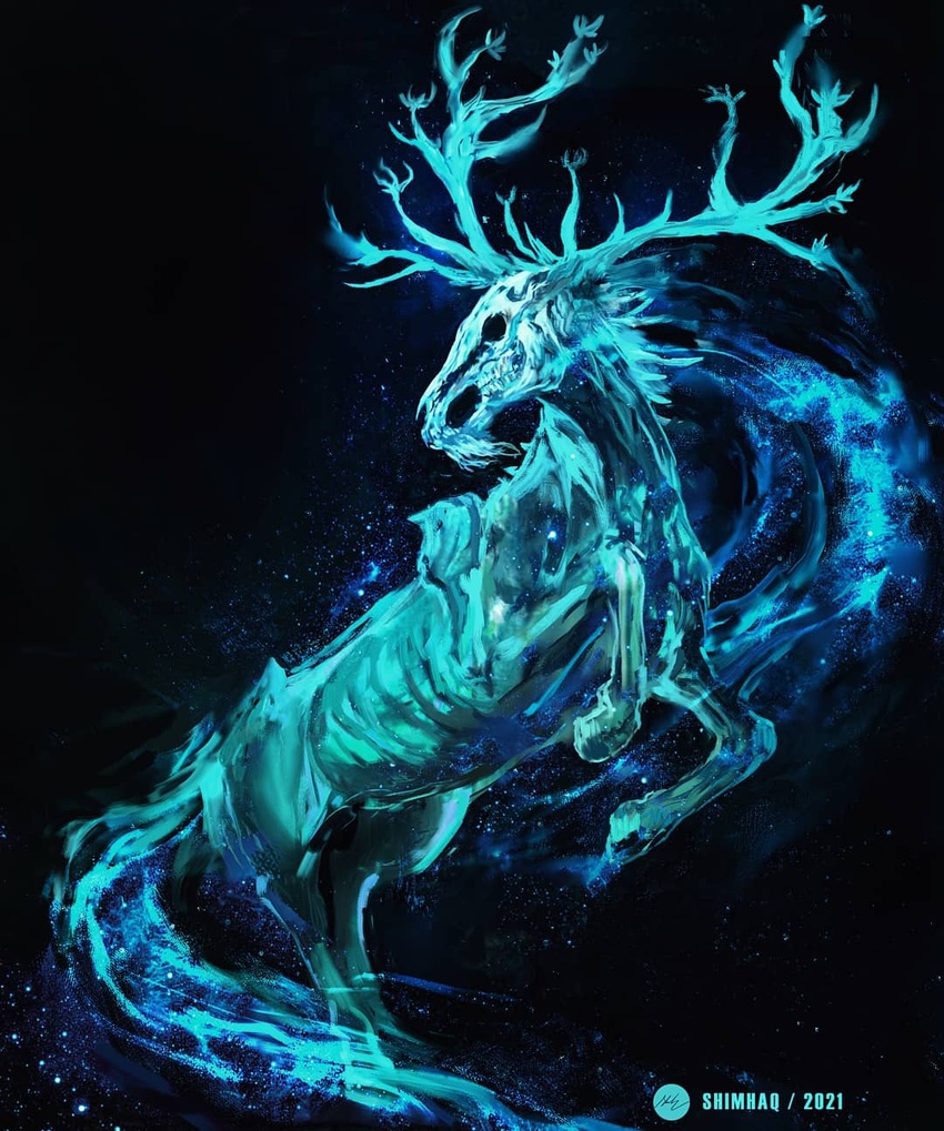 ancestor_spirit_(elden_ring) antlers blue_theme commentary dated deer elden_ring english_commentary highres horns monochrome no_humans rearing shimhaq signature