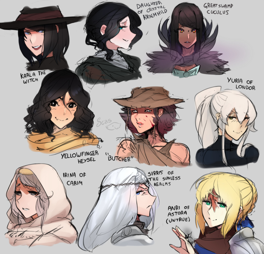 6+girls anri_of_astora armor black_eyes black_hair black_headwear blonde_hair blue_eyes blush braid braided_bun bright_pupils brown_hair circlet commentary dark_souls_(series) dark_souls_iii daughter_of_crystal_kriemhild empty_eyes english_commentary english_text frown glowing glowing_eyes great_swamp_cuculus green_eyes green_hair green_pupils grey_background grey_eyes grey_hair hair_between_eyes hair_bun hat highres hood hood_up irina_of_carim jewelry karla_the_witch looking_at_viewer madwoman_(dark_souls) multicolored_eyes multiple_girls oerba_yun_fang parted_lips pauldrons ponytail portrait red_eyes ring robe scar scathegrapes shoulder_armor sidelocks sideways_mouth signature simple_background sirris_of_the_sunless_realms skin_fang smile white_eyes white_hair witch_hat yellowfinger_heysel yuria_of_londor