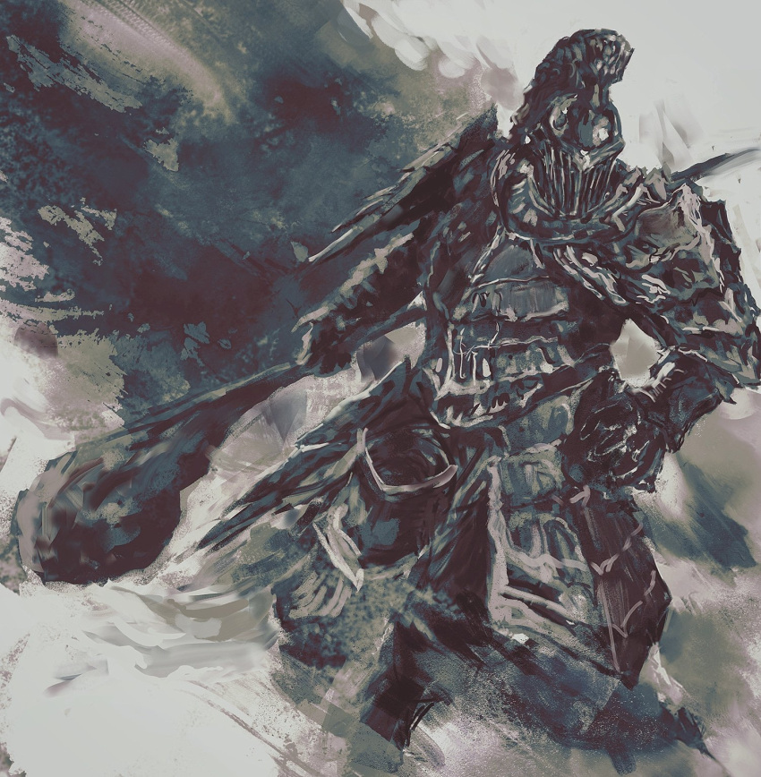 1boy armor breastplate commentary dark_souls_(series) dragon's_tooth_(dark_souls) english_commentary facing_viewer faulds full_armor gauntlets havel_the_rock helmet highres holding holding_weapon male_focus pauldrons plume shimhaq shoulder_armor solo standing weapon