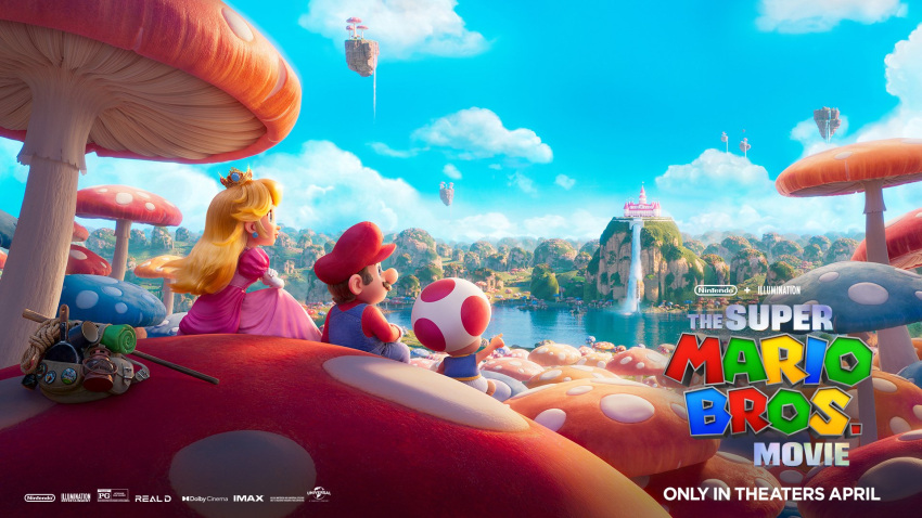 2boys big_nose blonde_hair blue_sky castle cloud copyright_name crown dress english_text facial_hair female floating_island from_behind giant_mushroom hat highres lake logo mario mario_(series) mini_crown moustache multiple_boys mushroom official_art on_mushroom overalls pink_dress pointing princess_peach princess_peach's_castle promotional_art red_toad_(mario) scenery sitting sitting_on_mushroom sky smile the_super_mario_bros._movie toad_(mario) water waterfall