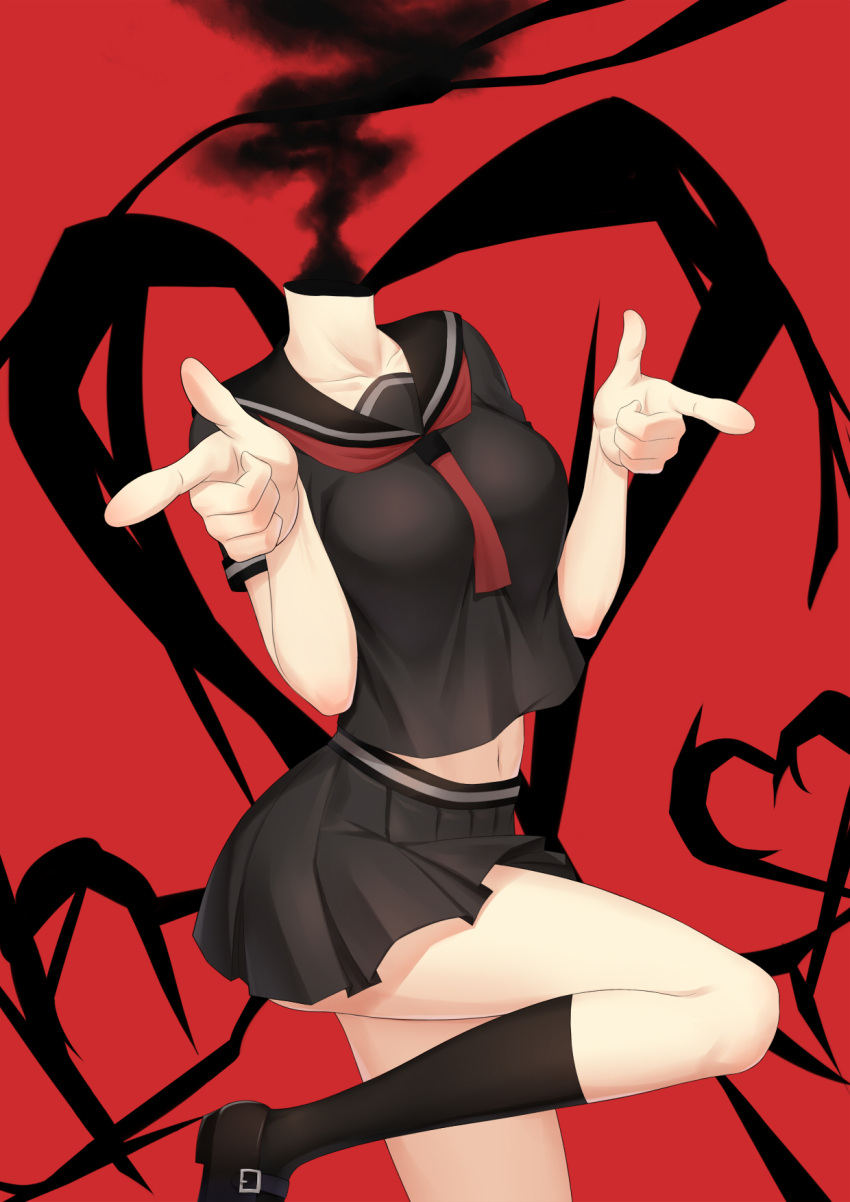 alternate_costume anarchojs black_footwear black_shirt black_skirt black_socks breasts celty_sturluson collarbone dullahan durarara!! female finger_gun hands_up headless heart heart_background highres knee_up kneehighs medium_breasts midriff miniskirt navel neckerchief neckerchief_between_breasts pleated_skirt pointing pointing_at_viewer red_background red_neckerchief school_uniform serafuku shirt shoes short_sleeves skirt smoke socks solo standing standing_on_one_leg stomach thighs