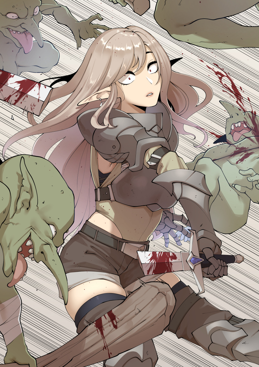 4boys absurdres ah-lyong_lee armor belt blonde_hair blood boots broken broken_weapon commentary earrings elf english_commentary female gauntlets goblin highres jewelry korean_commentary long_hair long_nose mixed-language_commentary multiple_boys original pointy_ears red_eyes shorts thigh_boots thighhighs very_long_hair weapon