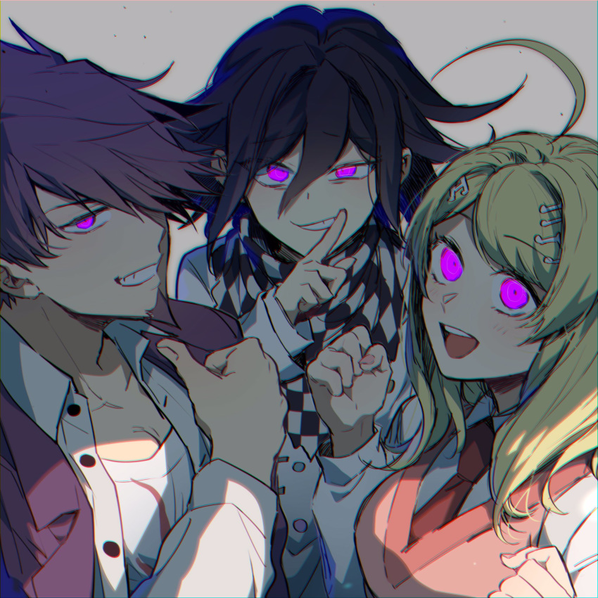 2boys ahoge akamatsu_kaede bad_id bad_twitter_id black_hair breasts checkered_clothes checkered_scarf collarbone collared_shirt commentary danganronpa_(series) danganronpa_v3:_killing_harmony facial_hair female glowing glowing_eyes goatee grey_background grin hair_between_eyes hair_ornament highres index_finger_raised jacket large_breasts long_hair long_sleeves looking_at_viewer medium_hair momota_kaito multiple_boys musical_note musical_note_hair_ornament nanin necktie oma_kokichi open_clothes open_jacket open_shirt pink_eyes pink_hair pink_jacket pink_nails pink_sweater_vest pointing pointing_at_self print_shirt scarf shirt simple_background smile straitjacket sweater_vest thumbs_up upper_body