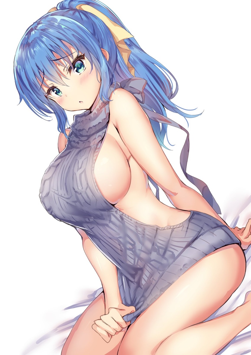 backless_outfit bare_arms bare_shoulders blue_eyes blue_hair breasts commentary_request dutch_angle female frown gakkou_de_seishun! hair_ribbon highres kanzaki_ayane large_breasts long_hair looking_at_viewer meme_attire no_bra parted_lips ponytail ribbon sanshoku_amido sideboob simple_background sitting solo thighs virgin_killer_sweater white_background