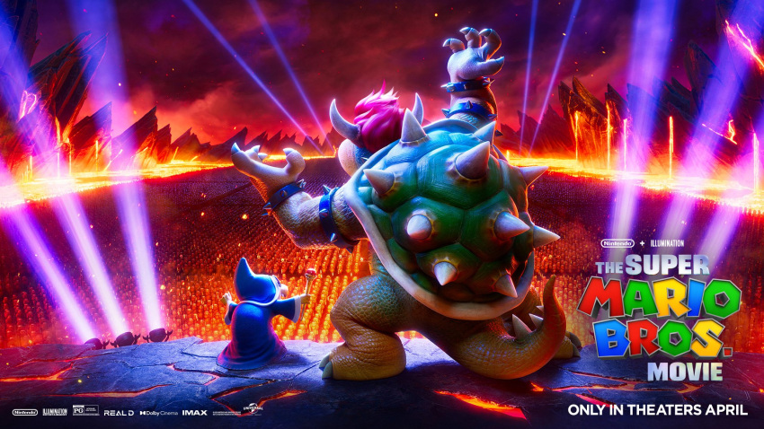 2boys arm_up armlet army battle blue_headwear bowser bracelet claws cloud cloudy_sky commentary company_name copyright_name crowd dark_clouds embers english_commentary english_text from_behind hand_up hat highres holding holding_wand horns jewelry kamek koopa_troopa lava logo mario_(series) mountainous_horizon multiple_boys official_art promotional_art red_hair robe scenery sky spiked_armlet spiked_bracelet spiked_shell spiked_tail spikes stage_lights standing tail the_super_mario_bros._movie turtle_shell wand