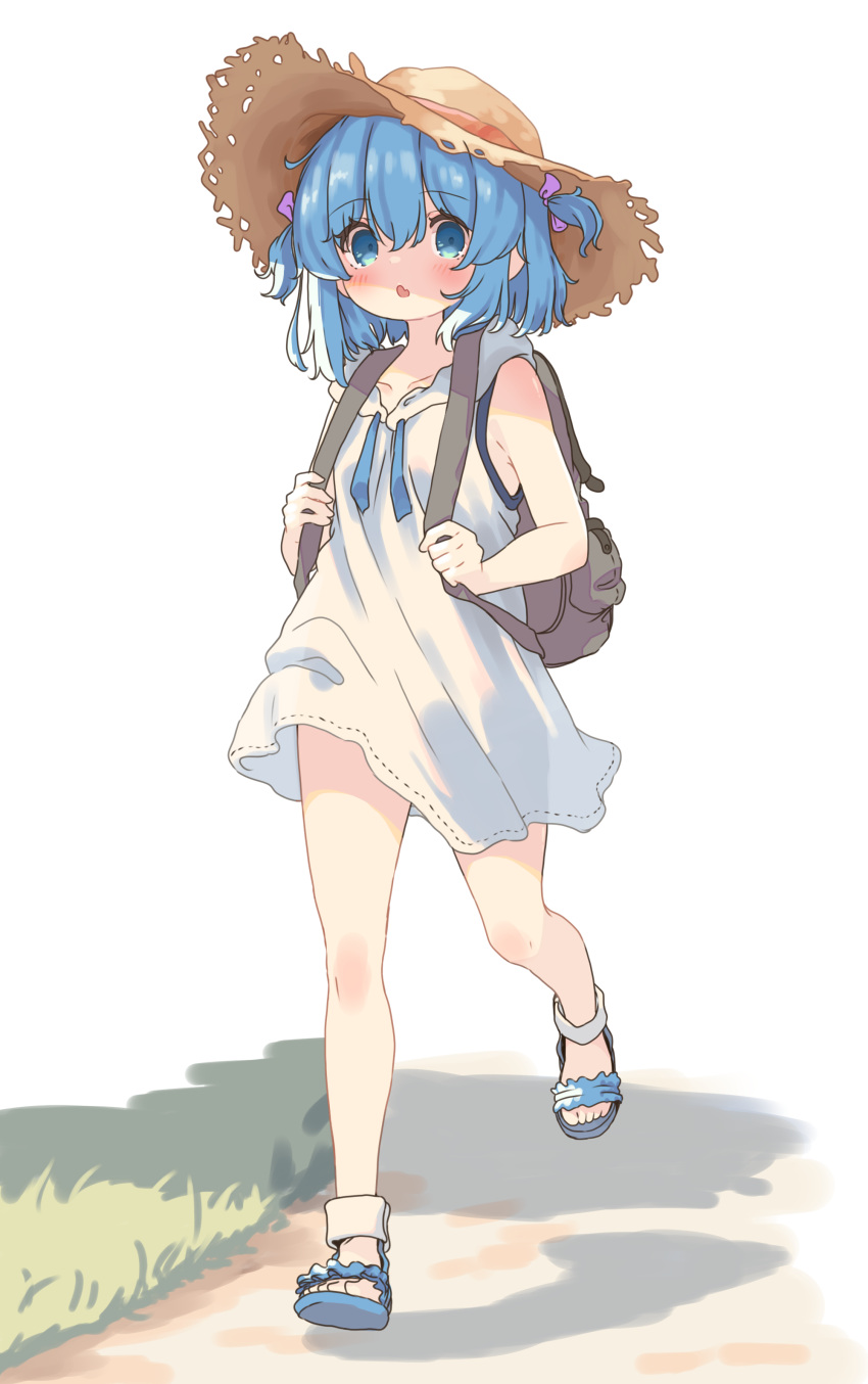 absurdres aoi_tori backpack bag bare_arms bare_legs barefoot blue_eyes blue_hair blush brown_bag commentary dirt_road drawstring dress feet female full_body grass hat highres looking_at_viewer medium_hair oerba_yun_fang open_mouth original road sandals simple_background skin_fang sleeveless solo standing straw_hat teru-chan_(aoi_tori) toes two_side_up walking white_background white_dress