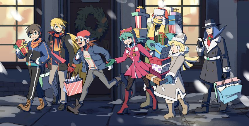 2girls 5boys alternate_costume android axl_(mega_man) beanie black_eyes blonde_hair blue_eyes blue_hair blush boots breasts brown_hair cinnamon_(mega_man) coat commentary english_commentary fishnet_legwear fishnets gift gloves green_eyes green_hair happy hat height_difference high_heel_boots high_heels highres hood hoodie jacket large_breasts long_hair marino_(mega_man) mega_man_(series) mega_man_x_(series) multiple_boys multiple_girls norue pants pantyhose phone ponytail protected_link robot robot_ears scar scar_on_face scar_on_nose scarf shirt short_hair small_breasts smile snow snowing spider_(mega_man) steel_massimo_(mega_man) surprised thighhighs tied_hair very_long_hair winter winter_clothes winter_coat x_(mega_man) zero_(mega_man)