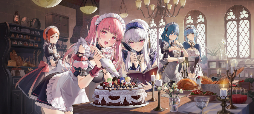 5girls :d absurdres alternate_costume apron baguette black_dress blue_eyes blue_hair book bread breasts brown_eyes byleth_(female)_(fire_emblem) byleth_(fire_emblem) cake candle candlestand center_frills character_doll chinese_commentary claude_von_riegan commentary detached_sleeves dress enmaided fire fire_emblem fire_emblem:_three_houses flower food frilled_apron frilled_dress frills hair_between_eyes highres hilda_valentine_goneril holding holding_book ignatz_victor indoors leaning_forward leonie_pinelli long_hair looking_at_viewer lorenz_hellman_gloucester lysithea_von_ordelia maid maid_headdress marianne_von_edmund medium_breasts mo_xiaoxue multiple_girls one_side_up open_book orange_eyes orange_hair pastry_bag pink_hair pink_sleeves pleated_dress puffy_short_sleeves puffy_sleeves quill raphael_kirsten red_eyes short_sleeves sleeveless sleeveless_dress smile turkey_(food) very_long_hair white_apron white_flower white_hair window