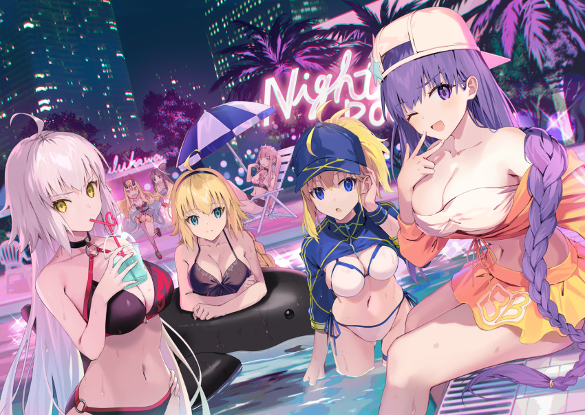 6+girls ahoge artoria_pendragon_(fate) baseball_cap bb_(fate) bb_(swimsuit_mooncancer)_(fate) bb_(swimsuit_mooncancer)_(first_ascension)_(fate) bikini braid breasts building chair crazy_straw cup disposable_cup drinking_straw fate/grand_order fate_(series) hairband hat highres horns ibaraki_douji_(fate) ibaraki_douji_(swimsuit_lancer)_(fate) ibaraki_douji_(swimsuit_lancer)_(first_ascension)_(fate) inflatable_orca inflatable_toy jeanne_d'arc_(fate) jeanne_d'arc_(swimsuit_archer)_(fate) jeanne_d'arc_(swimsuit_archer)_(first_ascension)_(fate) jeanne_d'arc_alter_(fate) jeanne_d'arc_alter_(swimsuit_berserker)_(fate) large_breasts long_hair lounge_chair medb_(fate) medb_(swimsuit_saber)_(fate) medb_(swimsuit_saber)_(second_ascension)_(fate) motto_(night_wear) multiple_girls mysterious_heroine_xx_(fate) neon_lights night one_eye_closed outdoors palm_tree parasol ponytail pool revision skyscraper smile swimsuit tree umbrella ushiwakamaru_(fate) ushiwakamaru_(swimsuit_assassin)_(fate) ushiwakamaru_(swimsuit_assassin)_(first_ascension)_(fate) wet