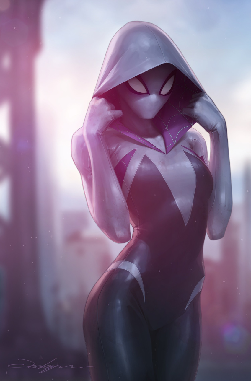 adjusting_hood blurry blurry_background bodysuit commentary_request female highres hood hooded_bodysuit jee-hyung_lee looking_at_viewer marvel mask photoshop_(medium) signature solo spider-gwen spider-man_(series) spider_web_print standing sunlight sunrise superhero_costume