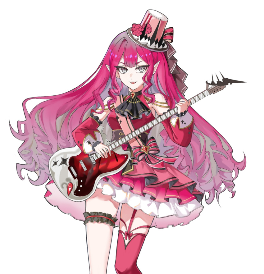 baobhan_sith_(fate) bare_shoulders breasts detached_sleeves dress electric_guitar fate/grand_order fate_(series) female frilled_dress frills grey_eyes guitar hat highres holding holding_guitar holding_instrument hookyourist instrument long_hair looking_at_viewer oerba_yun_fang open_mouth pink_dress pink_hair pink_hat pink_thighhighs pointy_ears sidelocks single_thighhigh smile solo thigh_strap thighhighs white_background