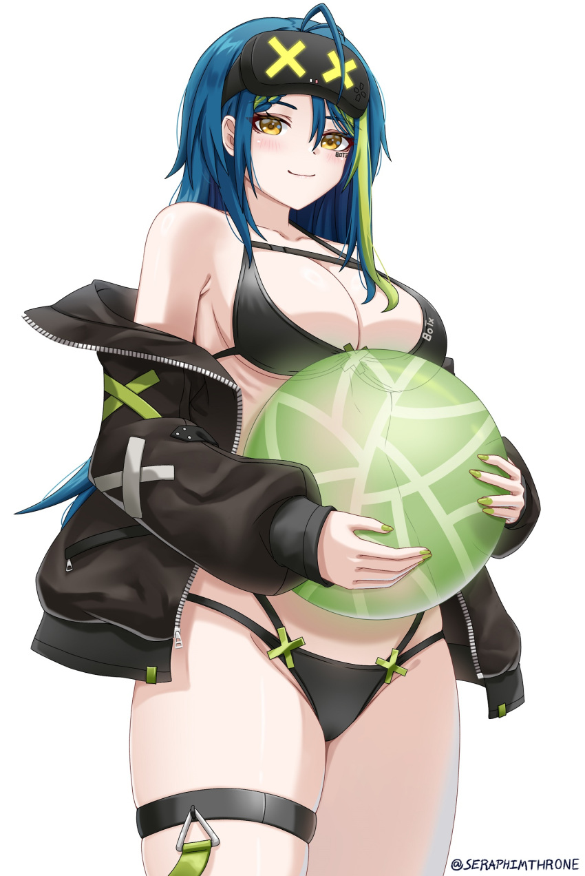 ahoge aotsuki_remia ball bare_shoulders beachball bikini black_bikini black_jacket blue_hair blush body_writing braid braided_bangs breasts chest_belt clothes_writing cowboy_shot facial_tattoo female goggles goggles_on_head green_hair green_nails hair_between_eyes highres holding holding_ball holding_beachball jacket large_breasts long_hair long_sleeves looking_at_viewer multi-strapped_bikini_bottom multicolored_hair nail_polish off_shoulder open_clothes open_jacket seraphim_throne simple_background smile solo streaked_hair swimsuit tattoo text_tattoo thigh_strap twitter_username very_long_hair virtual_youtuber vspo! vspo!_en white_background yellow_eyes zipper zipper_pull_tab