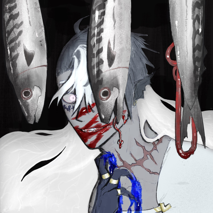 animal_ears archetype3310 black_background blood blood_on_face blood_on_hands blue_blood blue_hair blue_hands claws fins fish fishing_hook goliath_(morimens) head_fins highres jewelry looking_to_the_side morimens multicolored_hair multiple_rings one_eye_covered ring sharp_teeth shaved_head shirt stitched_neck stitches teeth white_eyes white_hair white_shirt wide-eyed