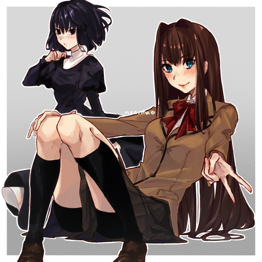 2girls aozaki_aoko artist_name bike_shorts black_dress black_socks blue_eyes blush border bow bowtie breasts brown_footwear brown_hair brown_jacket closed_mouth dress eyelashes full_body grey_background hair_intakes hand_on_own_knee highres jacket juliet_sleeves knees_together_feet_apart knees_up kuonji_alice leaning_back legs loafers long_hair long_sleeves looking_at_viewer mahou_tsukai_no_yoru medium_breasts medium_hair miniskirt multiple_girls neema_(oneemasan) outline pleated_skirt puffy_sleeves red_bow red_bowtie reien_girl's_academy_school_uniform school_uniform shadow shoes signature sitting skirt small_breasts smile socks v very_long_hair white_border white_outline