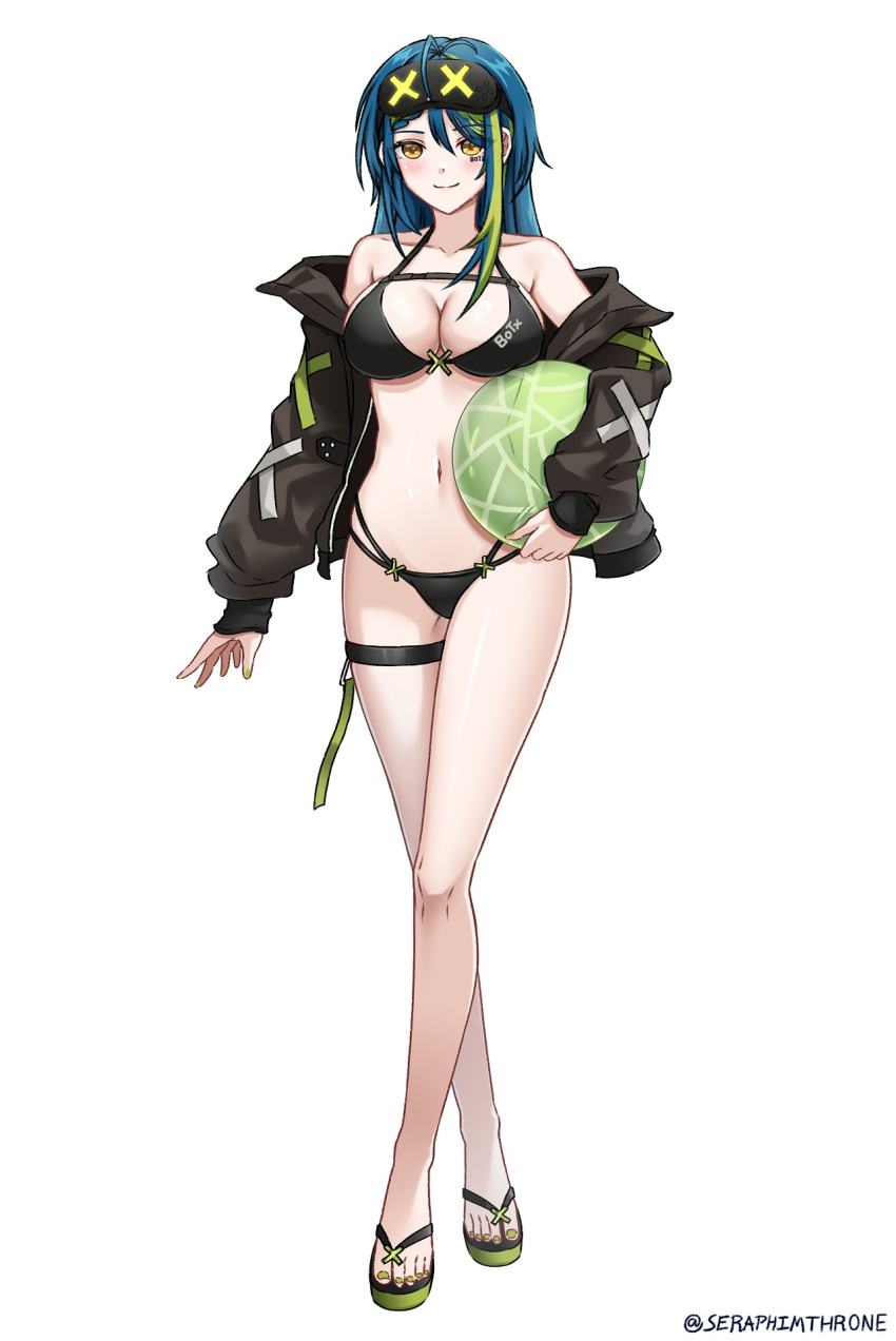 ahoge aotsuki_remia ball bare_shoulders beachball bikini black_bikini black_jacket blue_hair blush body_writing braid braided_bangs breasts chest_belt clothes_writing facial_tattoo female goggles goggles_on_head green_hair green_nails hair_between_eyes highres holding holding_ball holding_beachball jacket large_breasts long_hair long_sleeves looking_at_viewer multi-strapped_bikini_bottom multicolored_hair nail_polish navel off_shoulder open_clothes open_jacket seraphim_throne simple_background smile solo stomach streaked_hair swimsuit tattoo text_tattoo thigh_strap toenail_polish toenails twitter_username virtual_youtuber vspo! vspo!_en white_background yellow_eyes