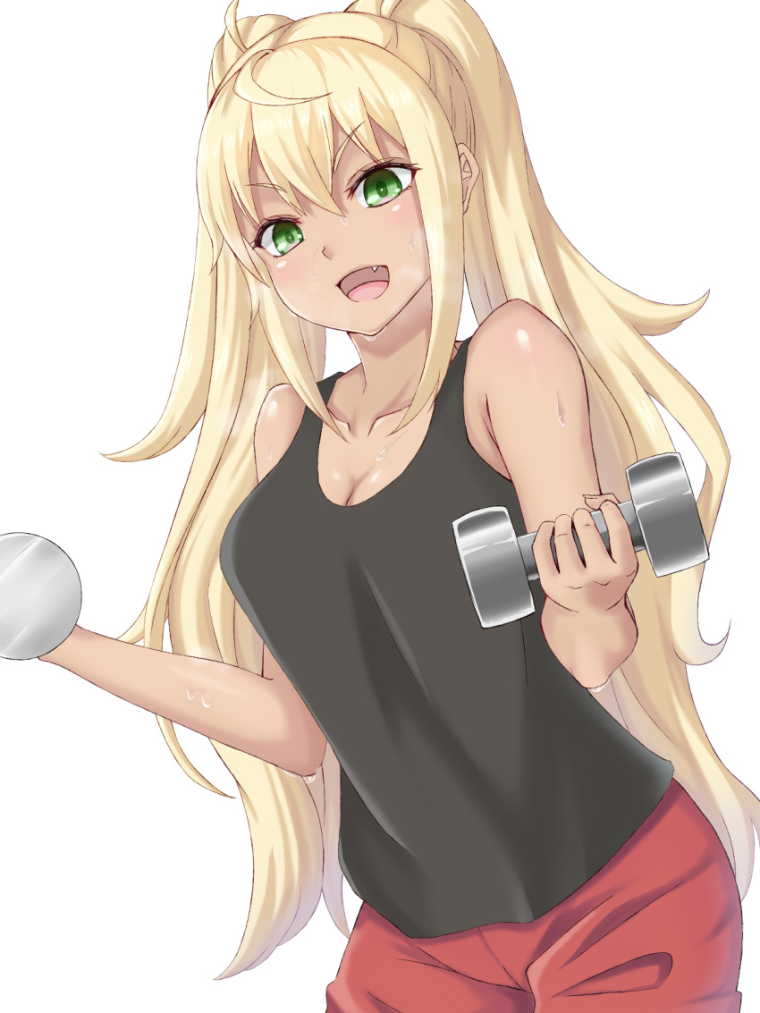 :d ahoge bare_arms bare_shoulders black_shirt blonde_hair blush breasts breath bright_pupils cleavage collarbone commentary_request cowboy_shot dual_wielding dumbbell dumbbell_nan_kilo_moteru? exercising eyelashes female green_eyes gym_uniform hair_between_eyes hands_up happy heikichi highres holding holding_dumbbell large_breasts long_hair looking_at_viewer oerba_yun_fang open_mouth red_shorts sakura_hibiki shirt shorts sidelocks simple_background sleeveless sleeveless_shirt smile solo sweat tsurime twintails v-shaped_eyebrows very_long_hair white_background