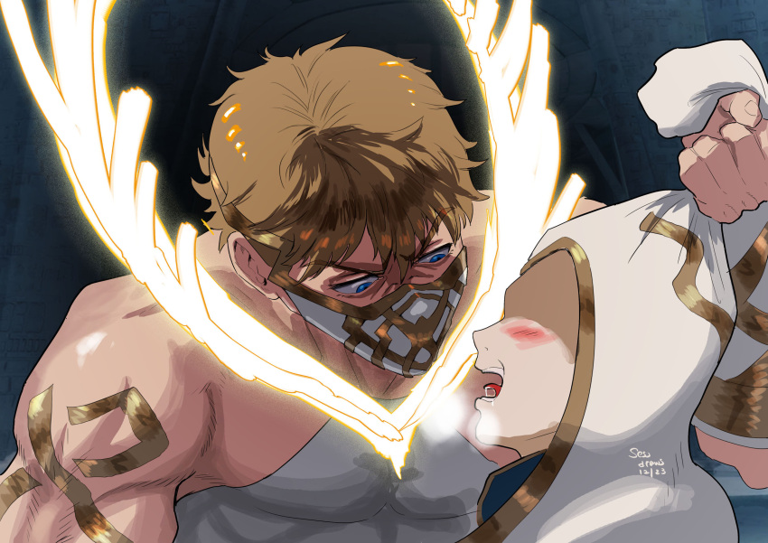 1boy 1other antlers bara biceps deer_antlers deer_boy dominatrix eikthyrnir_(fire_emblem) fire_emblem fire_emblem_heroes glowing_antlers highres horns jujutsu_kaisen kiran_(fire_emblem) large_pectorals mask masked meme mouth_mask muscular muscular_male nanami_kento_hair_pull_(meme) pectorals scene_reference sessdraws