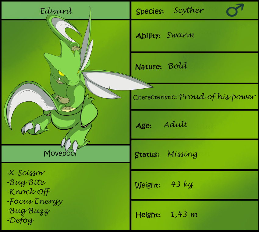 2016 3_toes arthropod bent_arm blade_arm character_name claws closed_smile colored digital_media_(artwork) edward_(looweezah) english_text fan_character fangs feet feral furrowed_brow gender_symbol generation_1_pokemon green_body green_skin hi_res insect_wings insects jumping looweezah maktub_fanclub male male_feral model_sheet mouth_closed moveset nintendo pokemon pokemon_(species) pupils scyther shaded simple_shading smile solo stated_adult stated_age stated_height stated_weight symbol teeth text toe_claws toes white_claws wings yellow_body yellow_eyes yellow_pupils yellow_skin