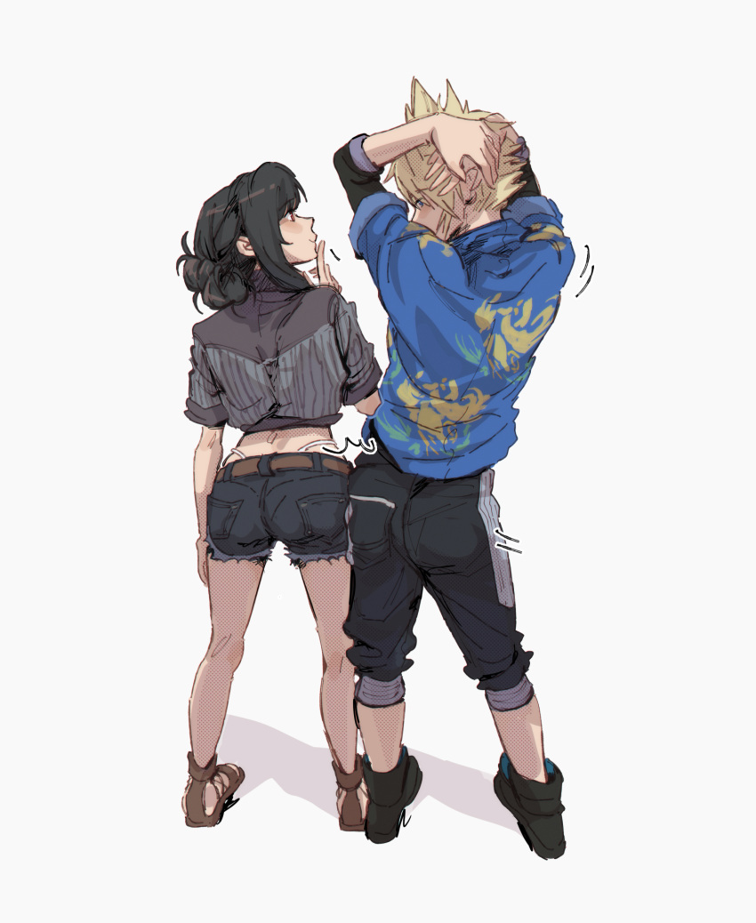 1boy animal_print arms_up ass bird_print blonde_hair chocobo cloud_strife cloud_strife_(ocean_chocobo) crop_top denim denim_shorts female final_fantasy final_fantasy_vii final_fantasy_vii_rebirth final_fantasy_vii_remake hawaiian_shirt highres morgengischt official_alternate_costume official_alternate_hairstyle panty_straps shirt short_shorts shorts side-by-side striped_clothes striped_shirt tifa_lockhart tifa_lockhart_(majestic_glamour) vertical-striped_clothes vertical-striped_shirt