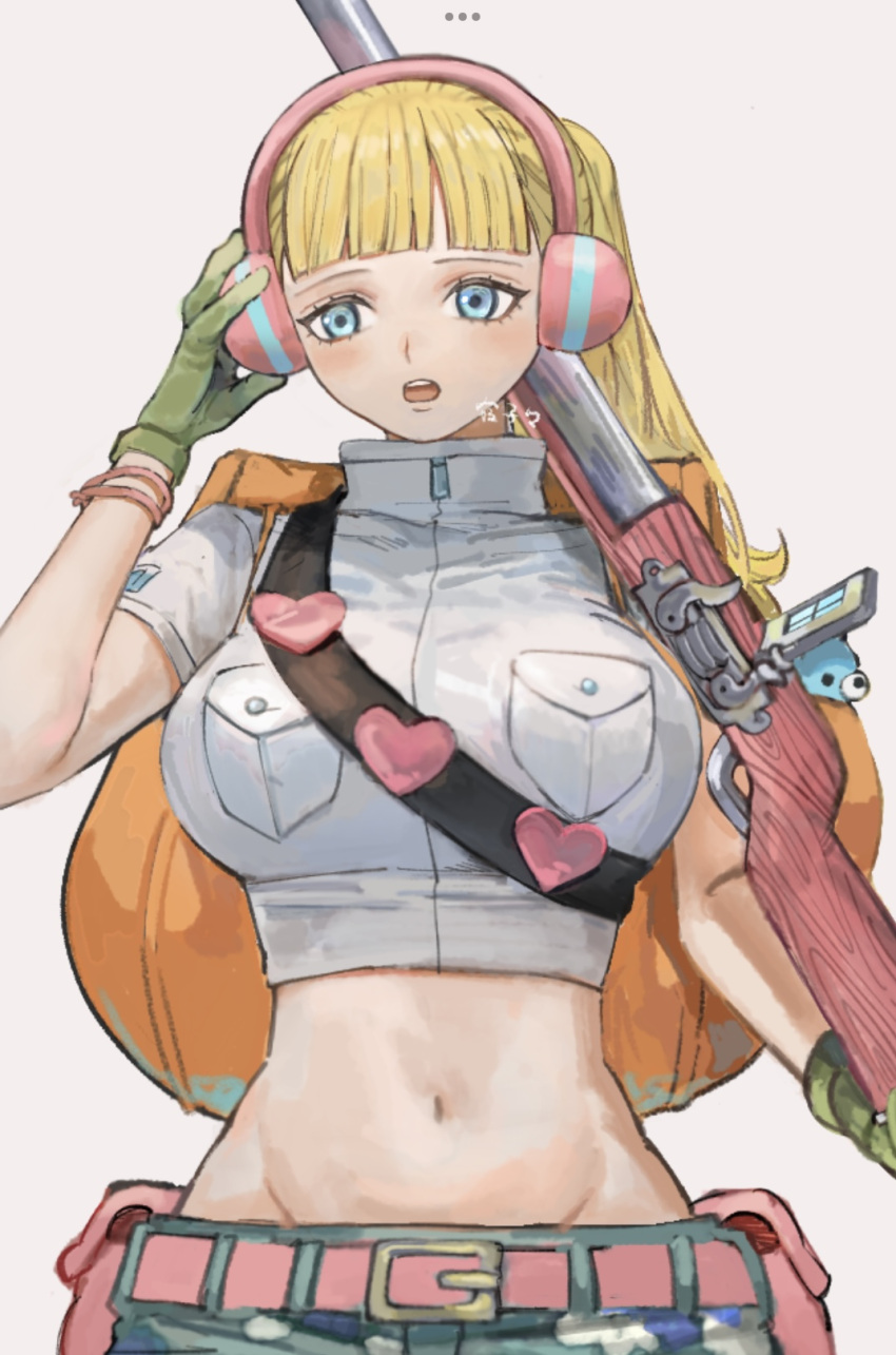 ... backpack bag belt blonde_hair blue_eyes blunt_bangs crop_top cropped_jacket eyelashes female gloves green_gloves gun hand_on_headphones hand_up headphones heart hibari_(one_piece) high_collar highres holding holding_gun holding_weapon jacket light_blush light_frown long_hair looking_to_the_side navel nekoneru09 one_piece open_mouth orange_bag pink_belt ponytail rifle short_sleeves solo stuffed_animal stuffed_toy teeth upper_body upper_teeth_only weapon white_jacket zipper_pull_tab