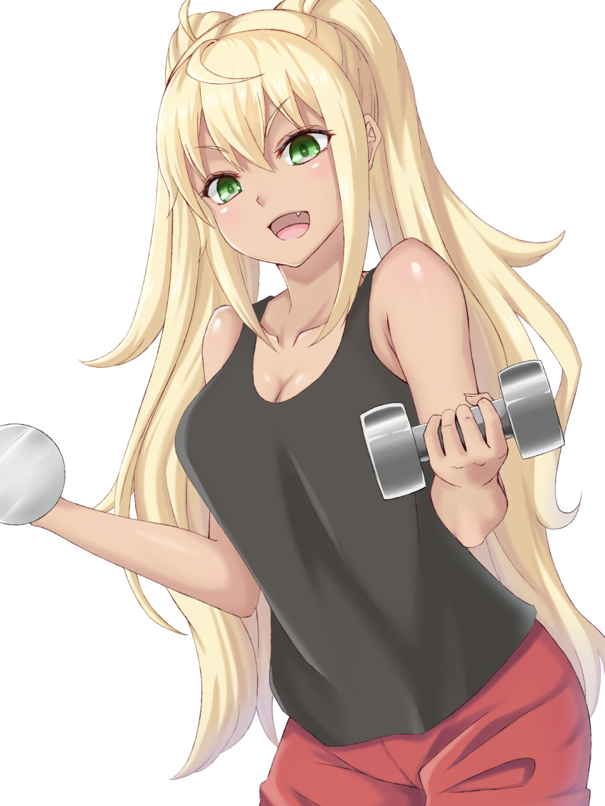 :d ahoge bare_arms bare_shoulders black_shirt blonde_hair blush breasts bright_pupils cleavage collarbone commentary_request cowboy_shot dual_wielding dumbbell dumbbell_nan_kilo_moteru? exercising eyelashes female green_eyes gym_uniform hair_between_eyes hands_up happy heikichi highres holding holding_dumbbell large_breasts long_hair looking_at_viewer oerba_yun_fang open_mouth red_shorts sakura_hibiki shirt shorts sidelocks simple_background sleeveless sleeveless_shirt smile solo tsurime twintails v-shaped_eyebrows very_long_hair white_background