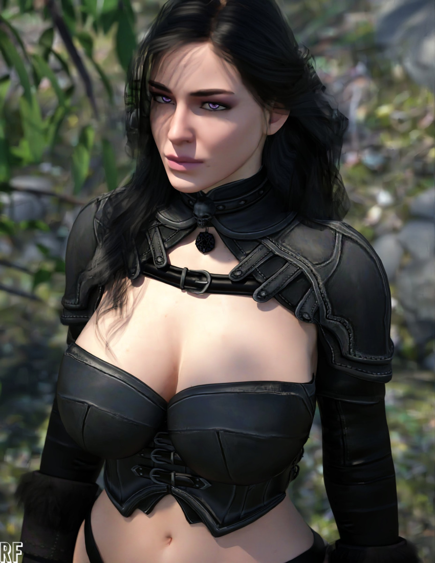 1girls 3d big_breasts black_hair breasts bustier cd_projekt_red cleavage detached_sleeves female female_only hourglass_figure large_breasts light-skinned_female light_skin long_hair looking_at_viewer navel outside panties purple_eyes rude_frog solo the_witcher the_witcher_(series) the_witcher_3:_wild_hunt thick_thighs voluptuous wide_hips yennefer