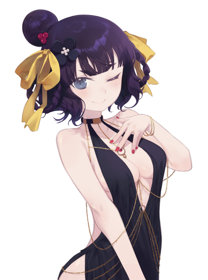 absurdres bare_shoulders bb_(fate) bb_dubai_(fate) bb_dubai_(fate)_(cosplay) belly_chain black_dress blue_eyes blush braid braided_hair_rings breasts center_opening cleavage cosplay daisi_gi dress fate/grand_order fate_(series) female hair_bun hair_ornament hair_ribbon highres jewelry katsushika_hokusai_(fate) looking_at_viewer medium_breasts necklace one_eye_closed purple_hair ribbon short_hair side_slit smile solo twin_braids yellow_ribbon