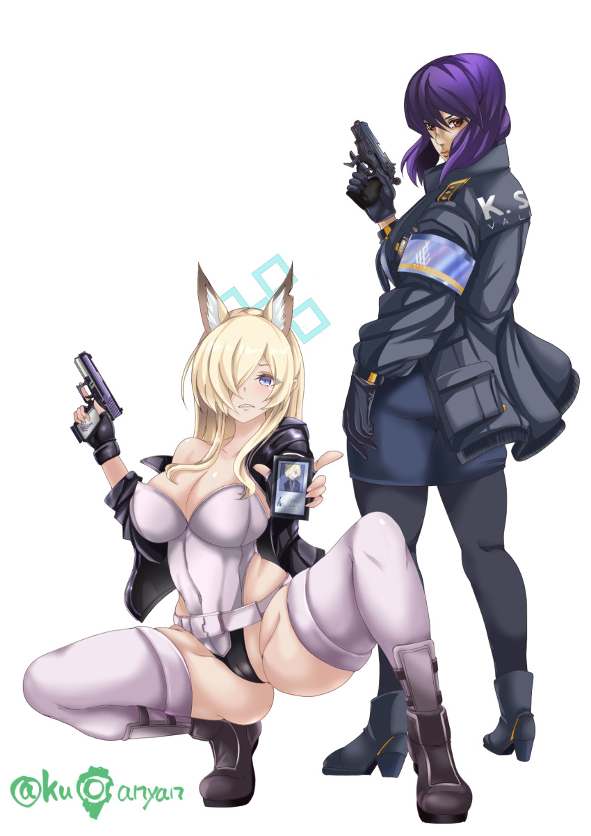 2girls animal_ears ass_visible_through_thighs black_jacket blonde_hair blue_archive cosplay costume_switch fingerless_gloves fox_ears ghost_in_the_shell glock gloves gun handgun high_heels highres id_card jacket kanna_(blue_archive) kanna_(blue_archive)_(cosplay) kuga_zankurou kusanagi_motoko kusanagi_motoko_(cosplay) leotard multiple_girls purple_hair red_eyes strapless strapless_leotard weapon white_background white_leotard