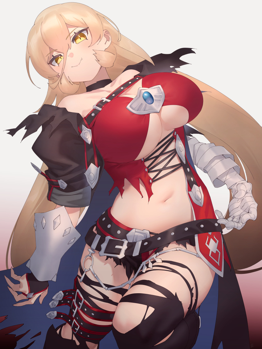 absurdres bandaged_arm bandages bare_shoulders belt black_belt black_thighhighs blonde_hair breasts chest_belt choker cosplay cross-laced_clothes cross-laced_top female hair_between_eyes highres large_breasts long_hair looking_at_viewer navel nijisanji nui_sociere oerba_yun_fang red_shirt shirt simple_background skin_fang smile solo stomach tales_of_(series) tales_of_berseria thigh_belt thigh_strap thighhighs torn_clothes torn_thighhighs ubo_(ubo_tales) underboob velvet_crowe velvet_crowe_(cosplay) very_long_hair virtual_youtuber white_background yellow_eyes