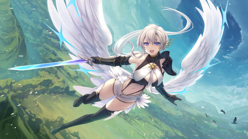 :d bare_shoulders bird black_footwear black_gloves black_thighhighs blue_eyes breasts commentary commission elbow_gloves english_commentary female flying full_body gloves hair_ornament highres holding holding_sword holding_weapon large_breasts looking_at_viewer mountain mountainous_horizon navel open_mouth original outdoors short_hair skeb_commission sky smile solo sword teeth tenmaso thighhighs upper_teeth_only weapon white_hair white_wings wings