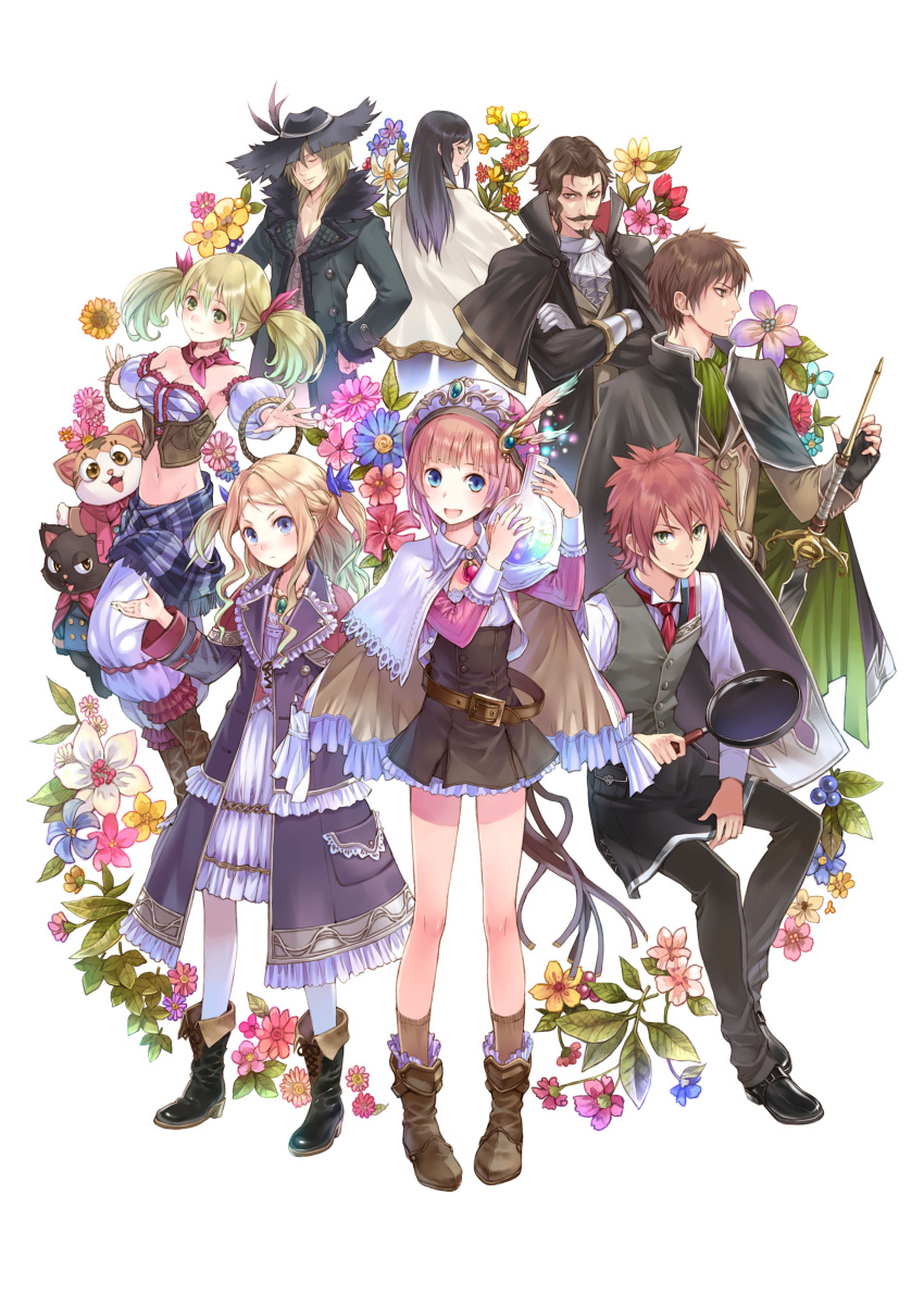 4boys 4girls absurdres aranya_(atelier) astrid_zexis atelier_(series) atelier_rorona blonde_hair blue_eyes boots brown_eyes brown_hair cape cuderia_von_feuerbach detached_sleeves facial_hair feline flask flower frying_pan glasses gloves hat highres horoholo_(atelier) iksel_jahnn kishida_mel lionela_heinze long_hair looking_back ludwig_giovanni_arland midriff moustache multiple_boys multiple_girls navel necktie open_mouth rorolina_frixell round-bottom_flask short_hair smile sterkenburg_cranach sword tristan_alcock twintails two_side_up weapon white_gloves