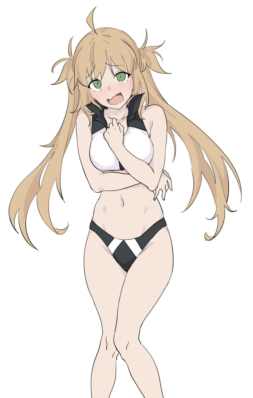 absurdres artoria_caster_(fate) artoria_pendragon_(fate) bare_shoulders bikini blonde_hair blush breasts das_(dan_dan) fate/grand_order fate_(series) female green_eyes highres long_hair looking_at_viewer medium_breasts navel open_mouth simple_background solo swimsuit thighs twintails wavy_mouth white_background white_bikini