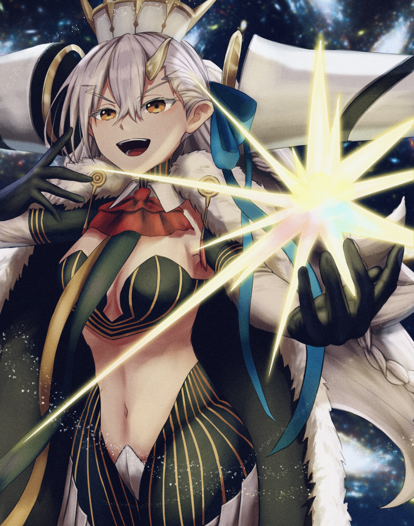 absurdres ascot black_cape black_gloves braid breasts cape commentary_request crossed_bangs crotch_plate fate/grand_order fate_(series) female fur-trimmed_cape fur_trim gloves gold_trim hair_between_eyes hat highres horns long_hair looking_at_viewer medium_breasts midriff namatako_2416 navel olga_marie_animusphere red_ascot single_horn smile solo stomach teeth u-olga_marie upper_teeth_only very_long_hair white_hair white_hat yellow_horns