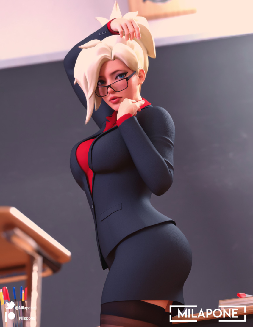 1girls 3d alternate_costume ass black_stockings business_attire business_suit clothed glasses highres large_breasts looking_at_viewer mercy milapone office office_lady overwatch pencil_skirt platinum_blonde_hair red_shirt sheer stockings thighhighs tight_clothing